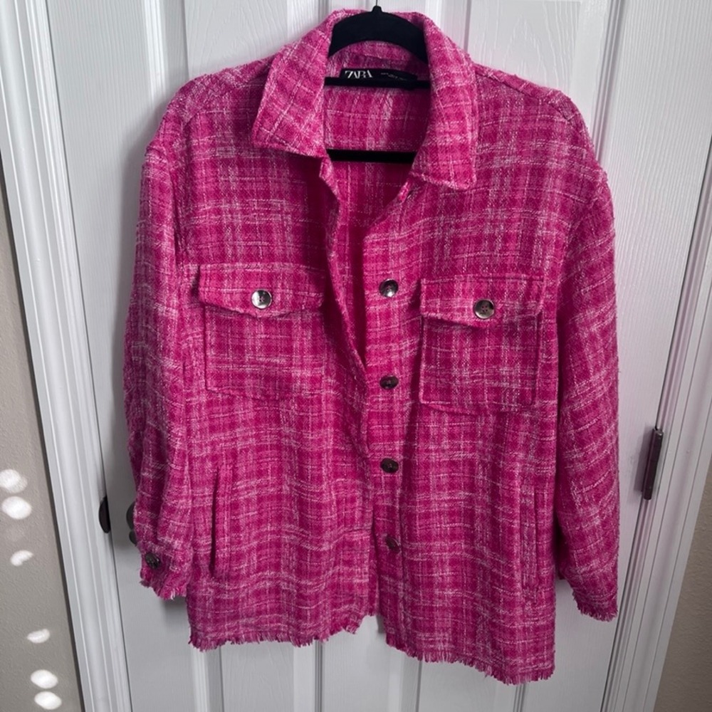 ZARA Pink Plaid Tweed Shacket Button Up Jacket Oversized Fringe Size Medium